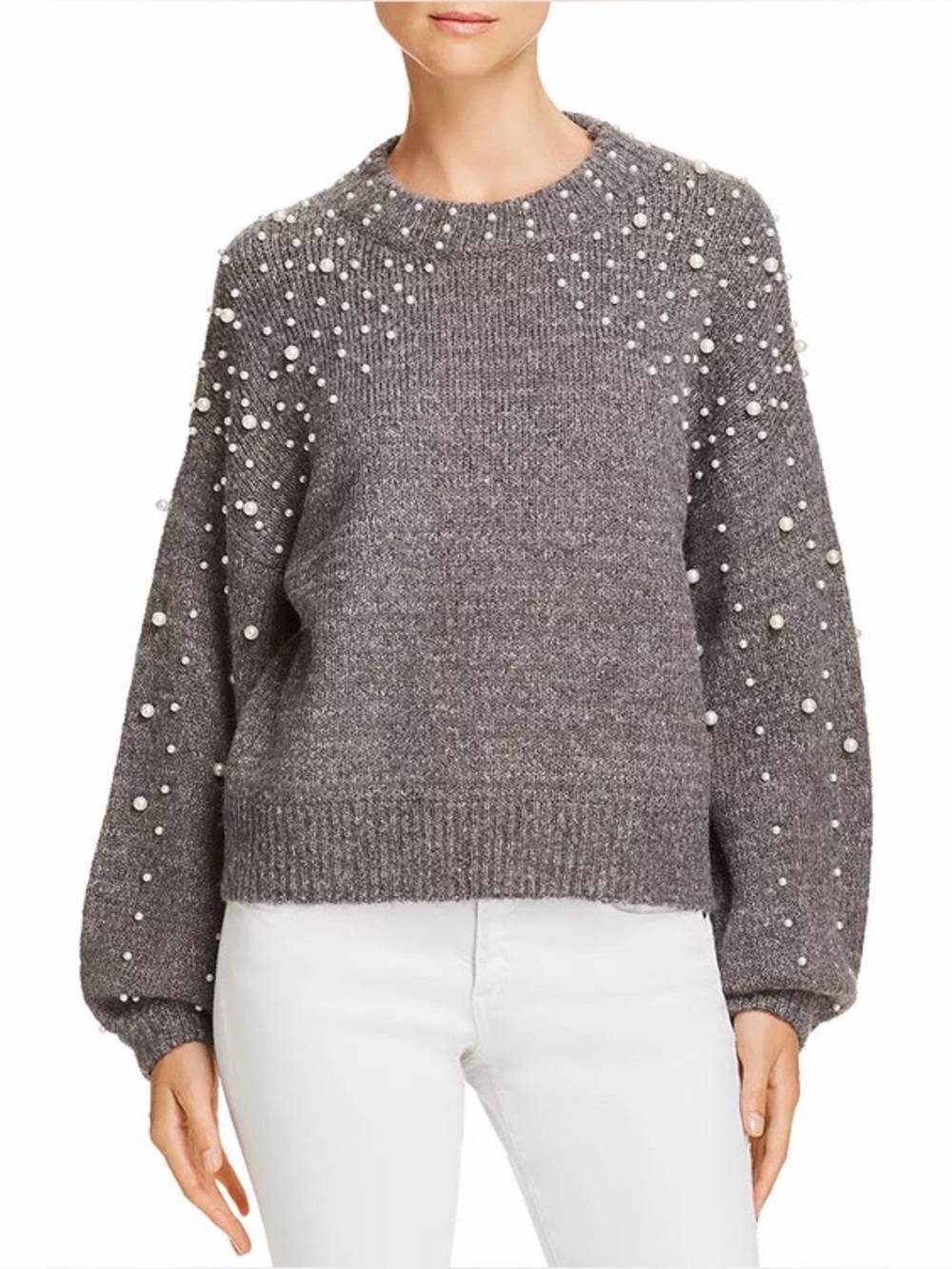 Aqua Pearl-Embellished Grey Knit Sweater